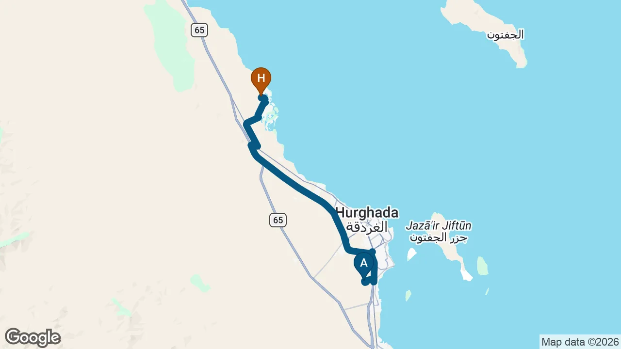 Driving route from Hurghada Airport to Ancient Sands Golf Resort